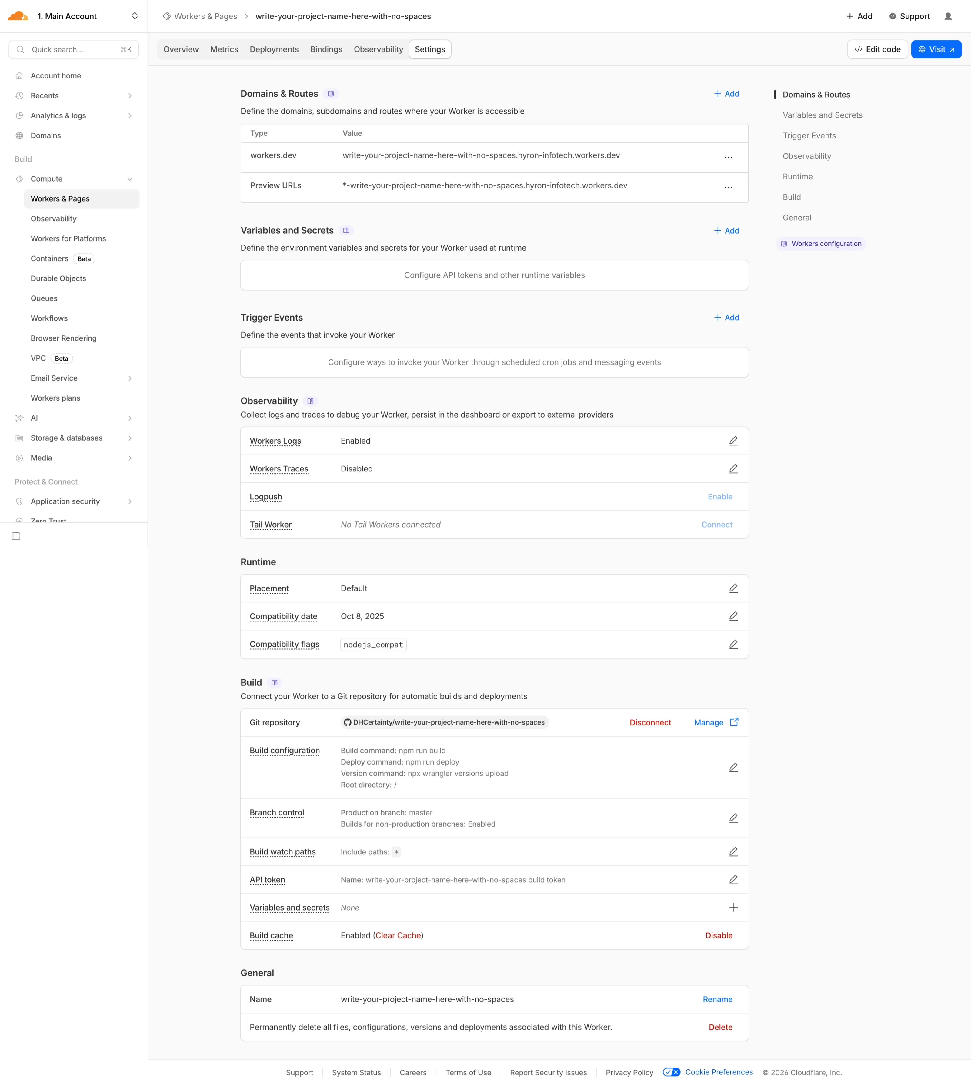 Settings page - scroll to Build section and click Git repository link