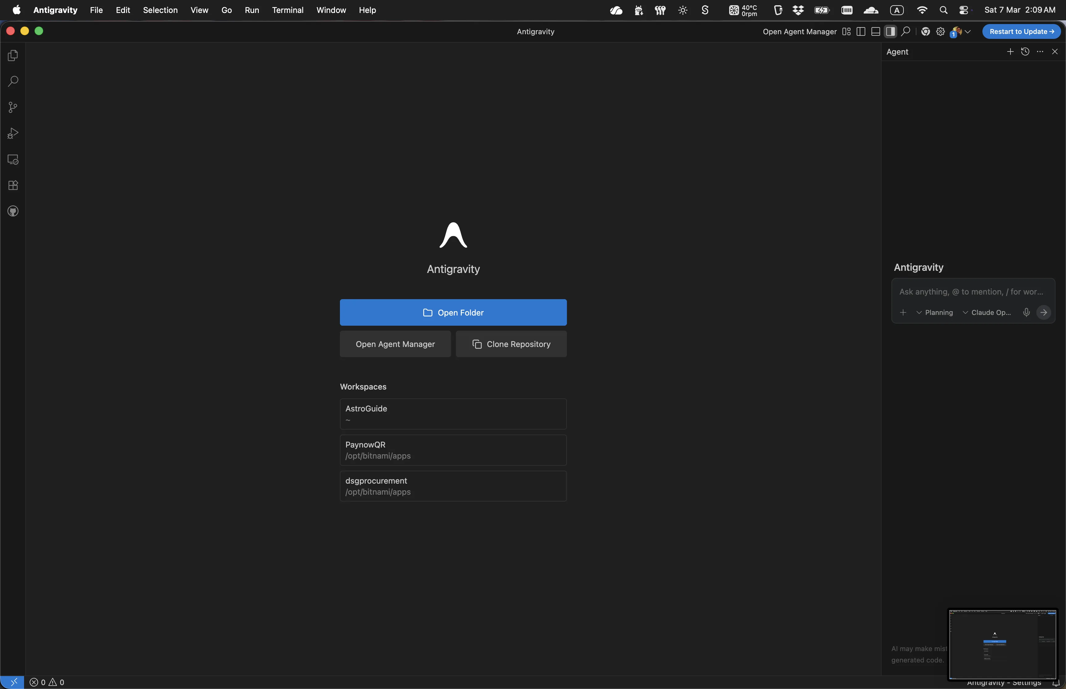 Antigravity welcome screen - Clone Repository button
