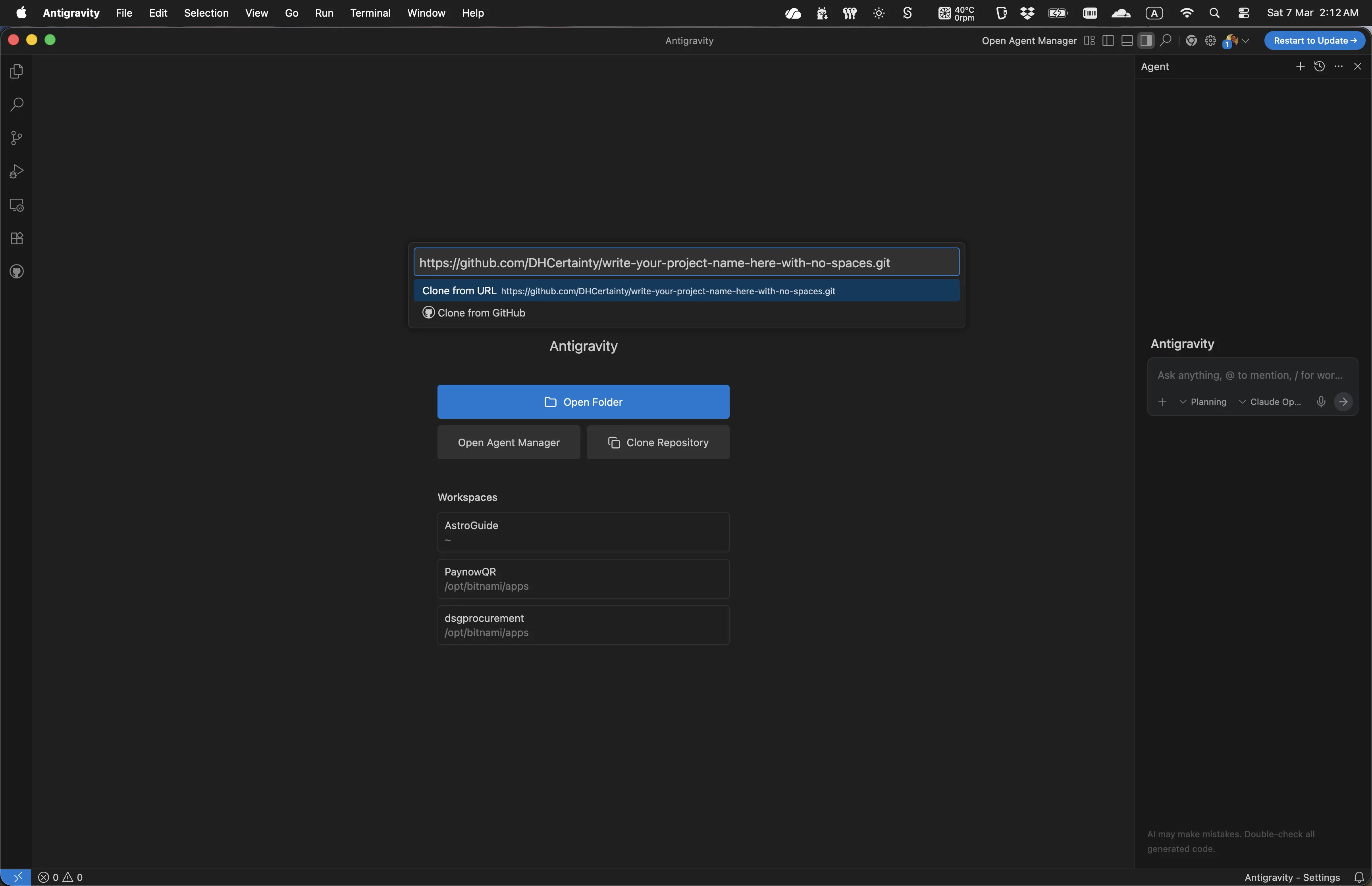 Antigravity - paste clone URL and select Clone from URL
