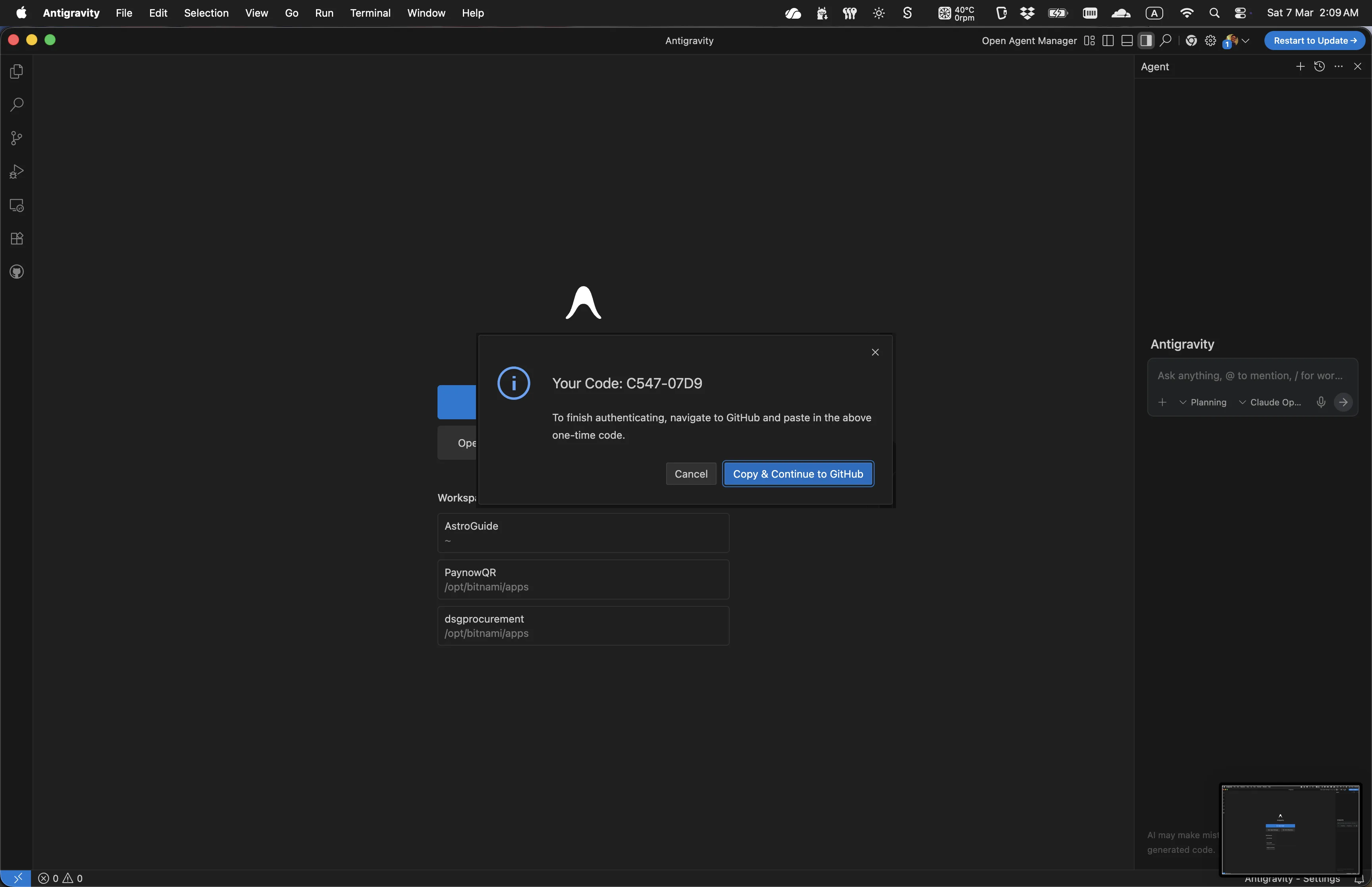 Antigravity - GitHub authorisation prompt before redirect