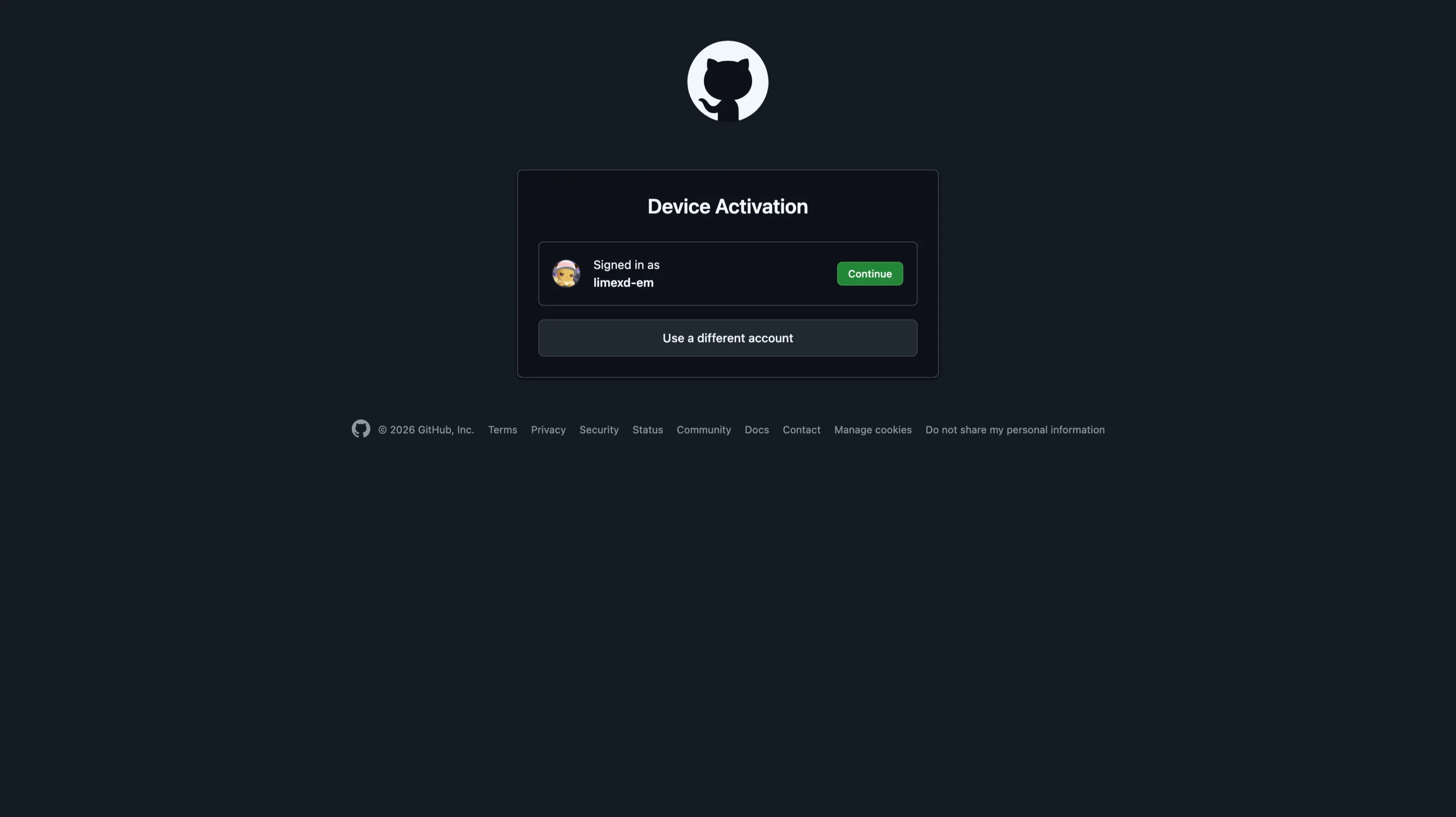 GitHub Device Activation - Continue button