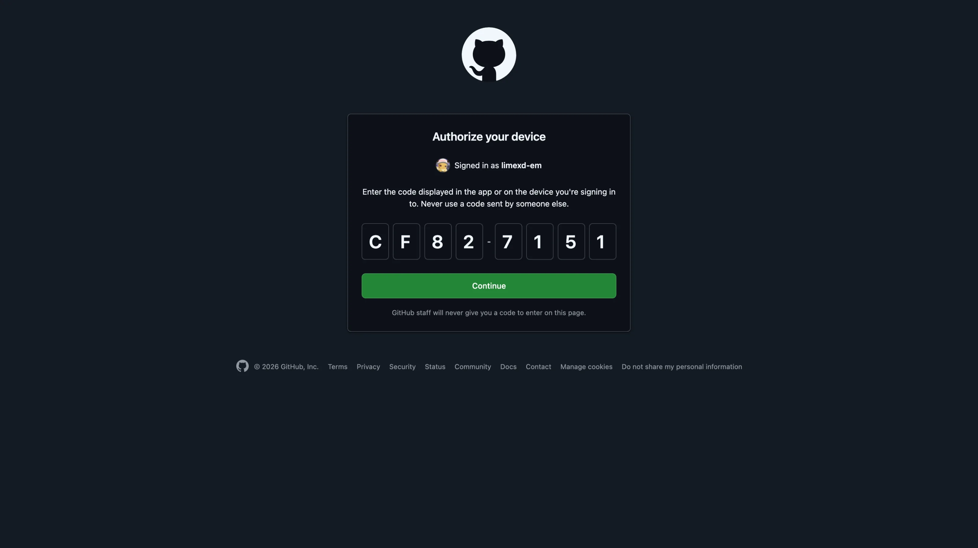 GitHub - device code entry with Continue button