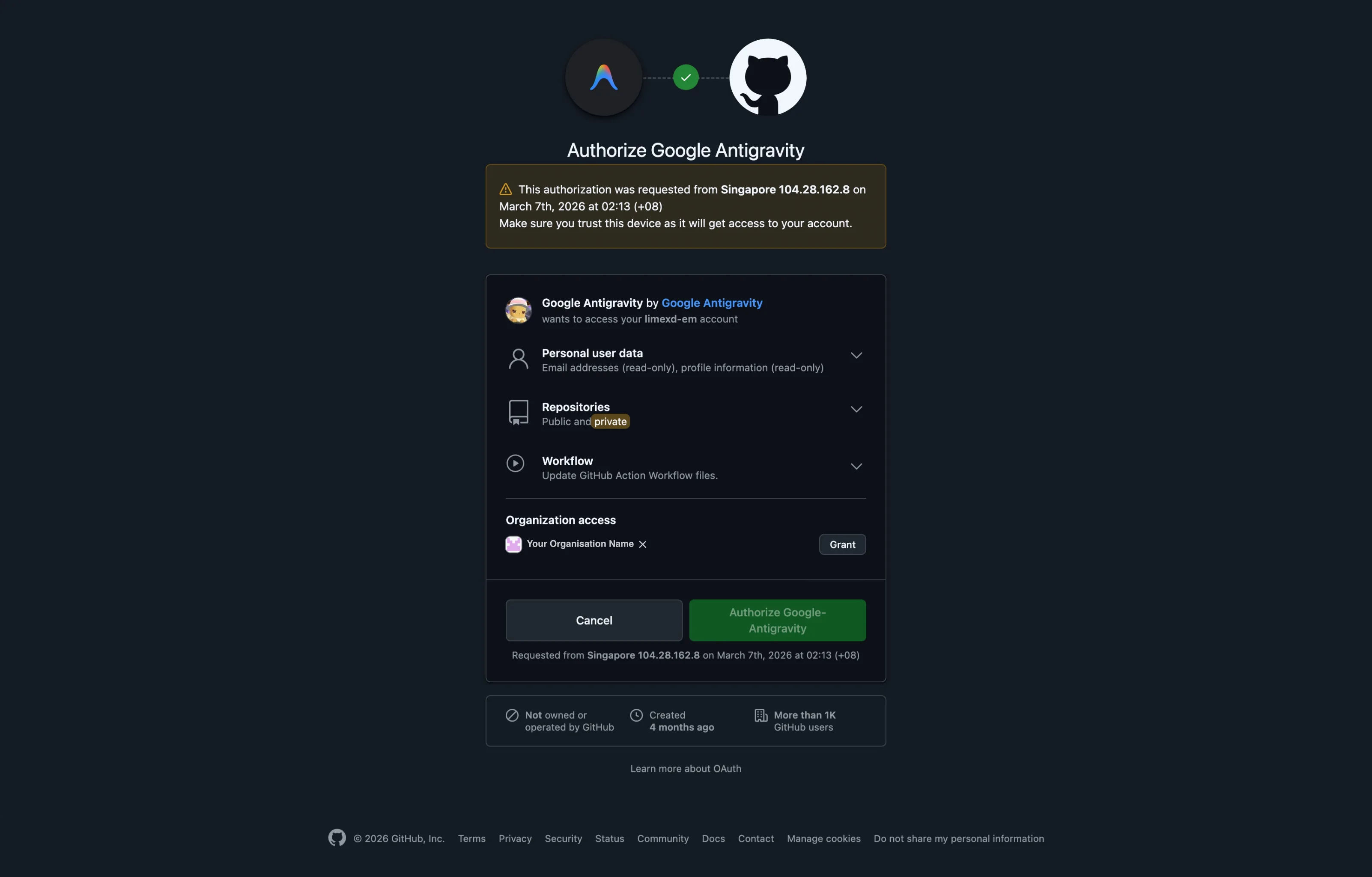 GitHub - Authorize Google Antigravity with org access
