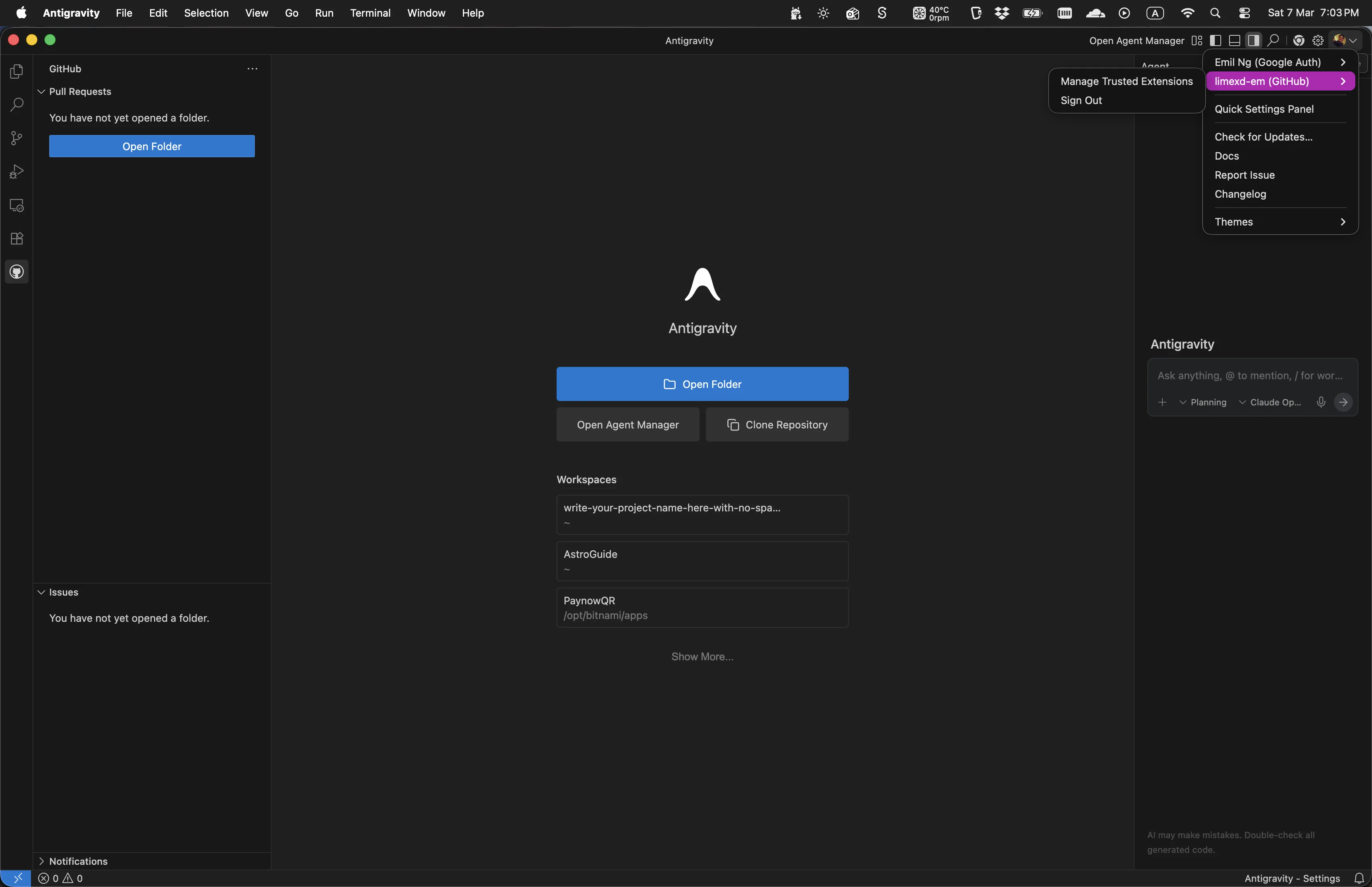 Antigravity - sign out of GitHub to restart authorization flow