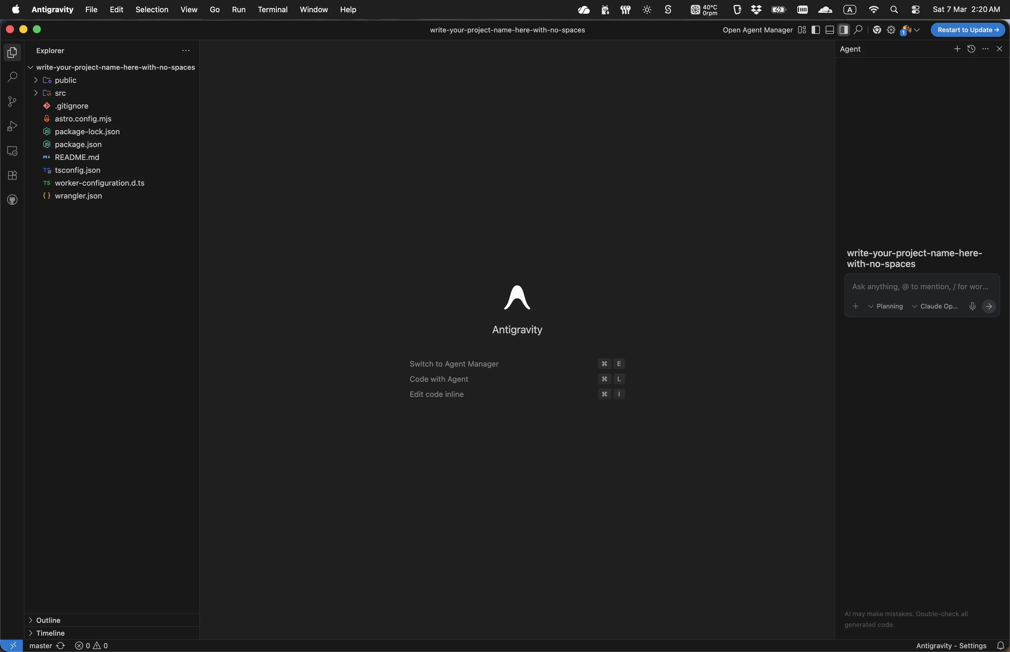 Antigravity - chat panel open with project loaded