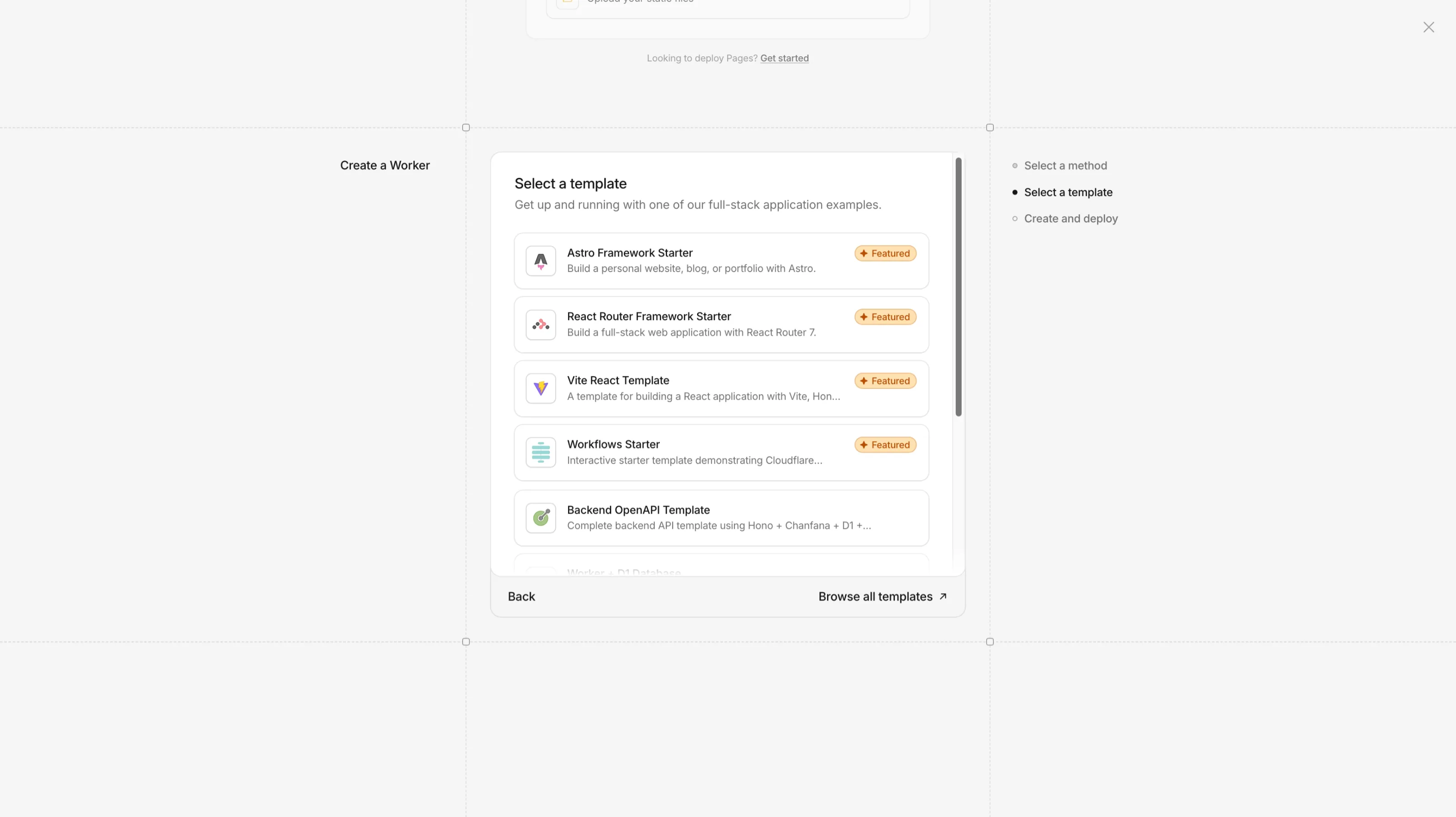 Selecting the Astro Framework Starter template