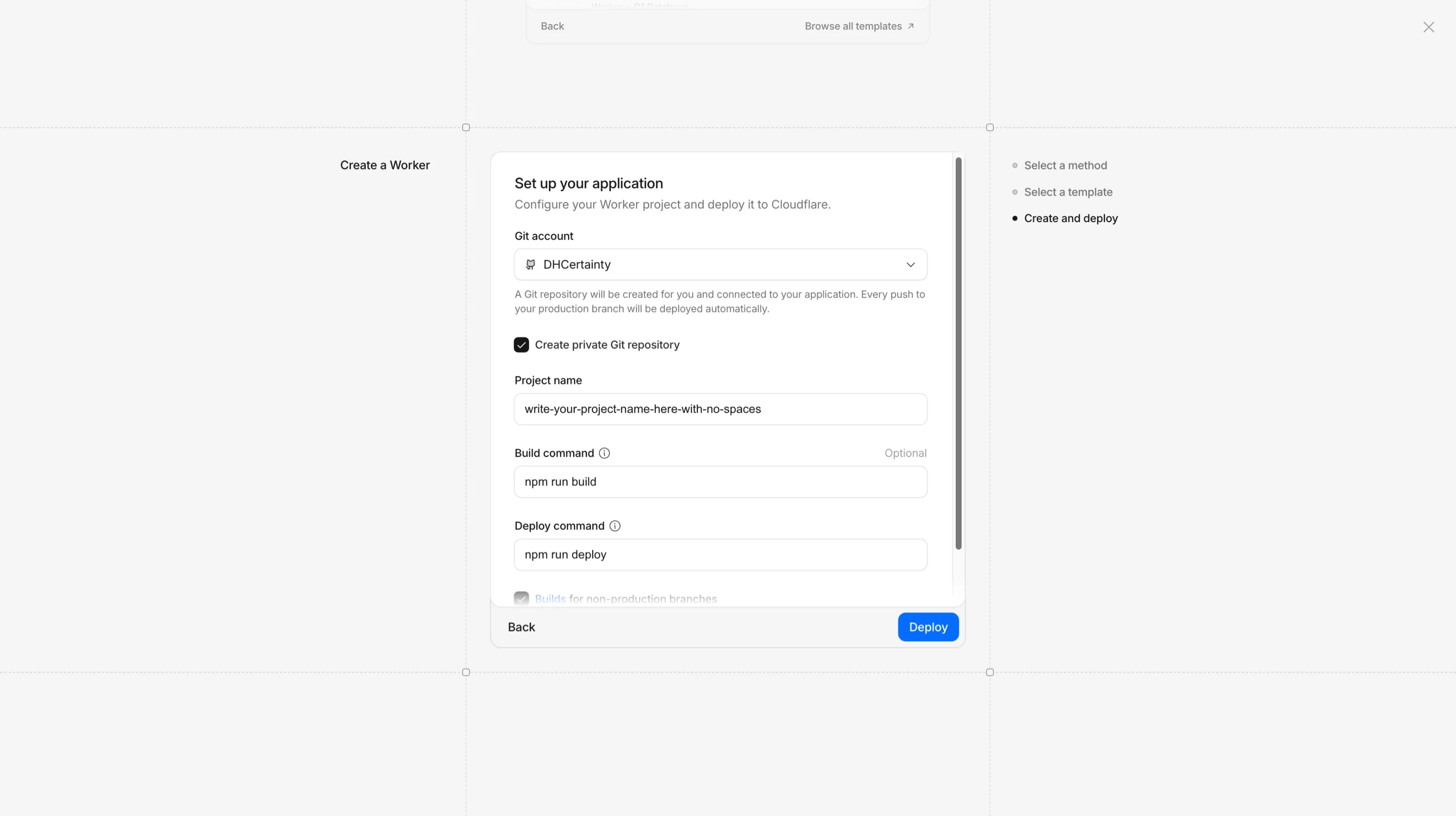 Set up your application - Git account, project name, and Deploy
