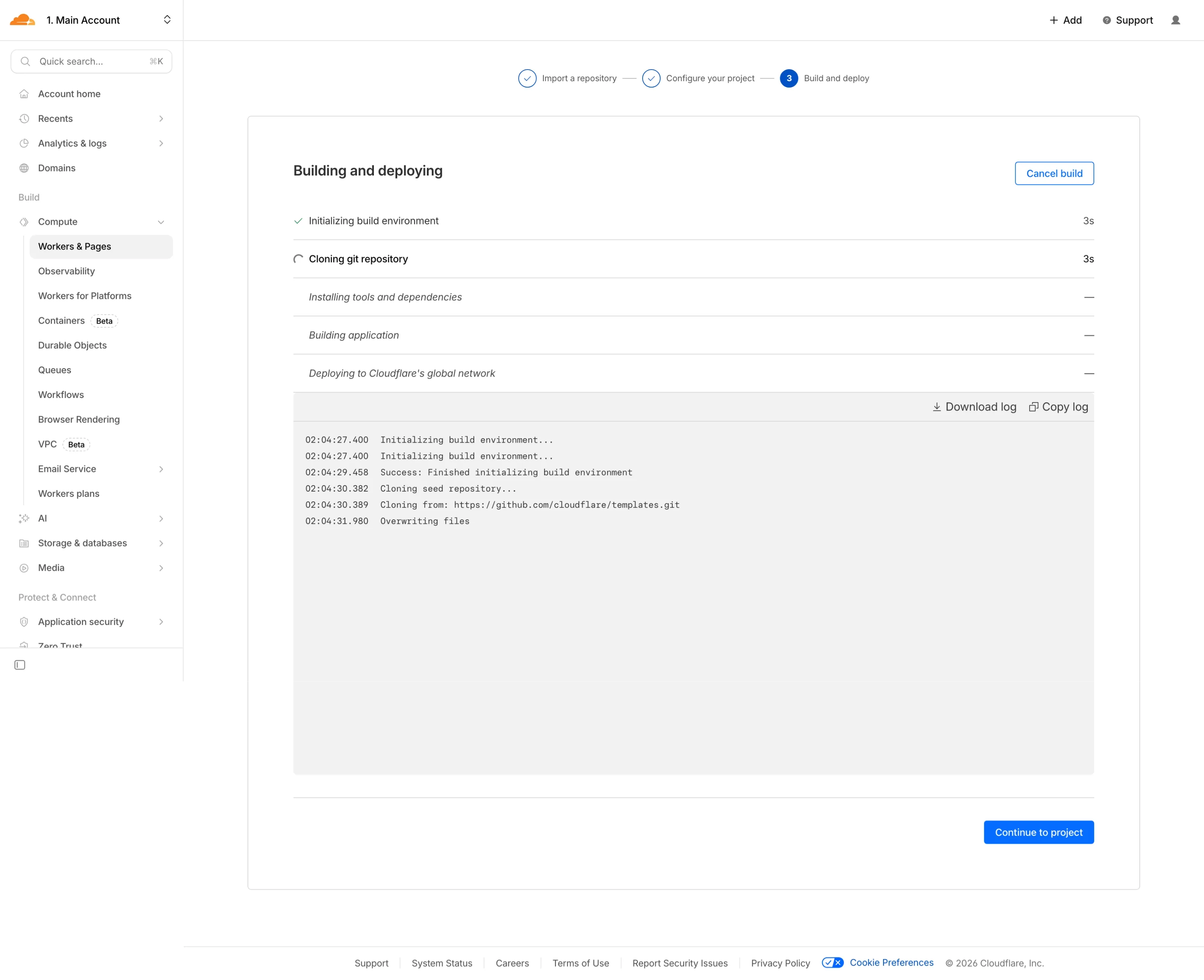 Building and deploying - build logs and Continue to project