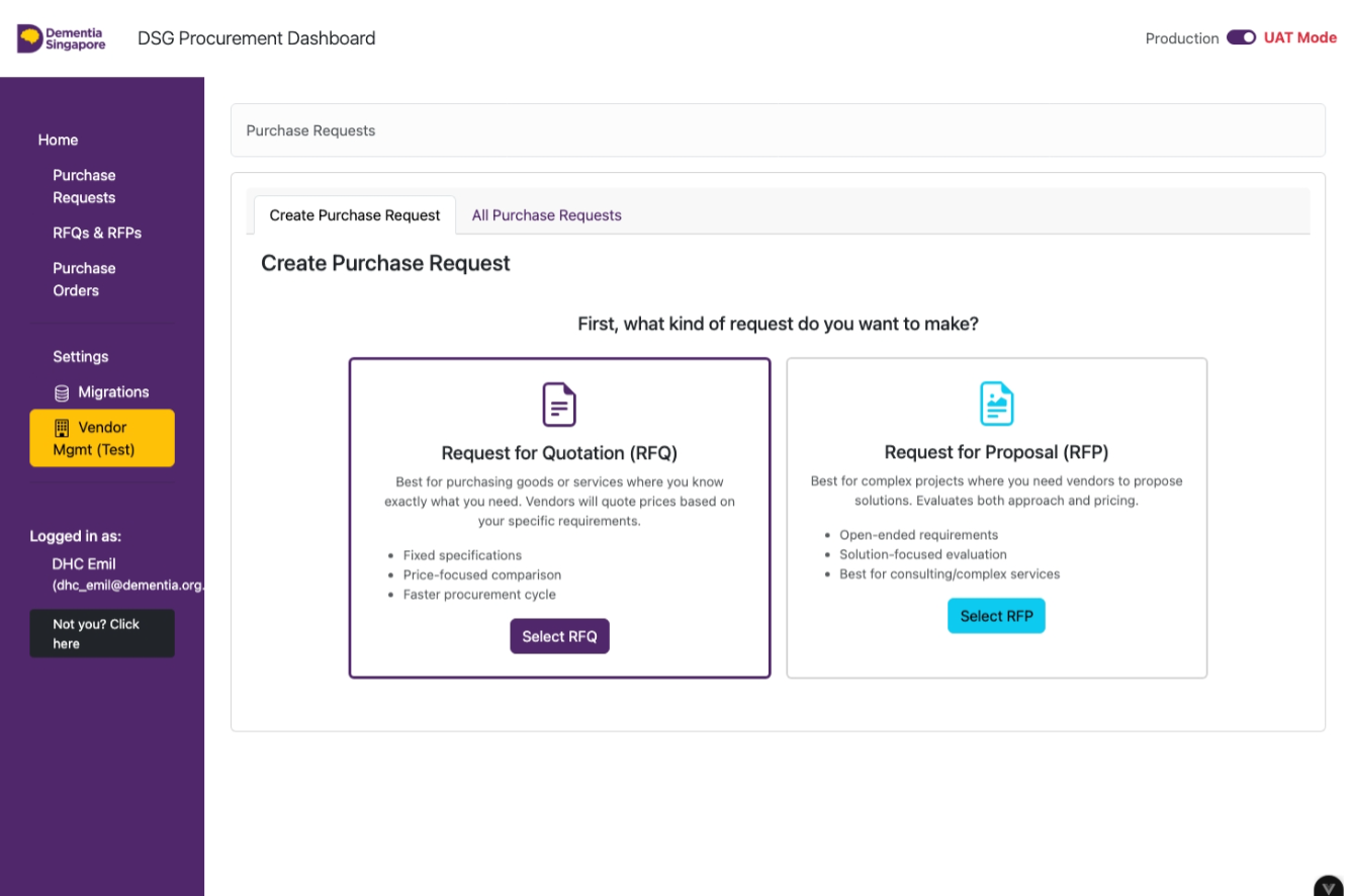 Purchase Request - choose RFQ or RFP type