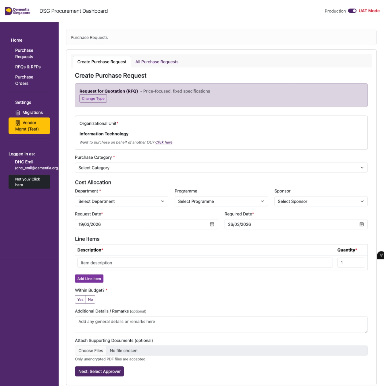 Purchase Request form - fill in details