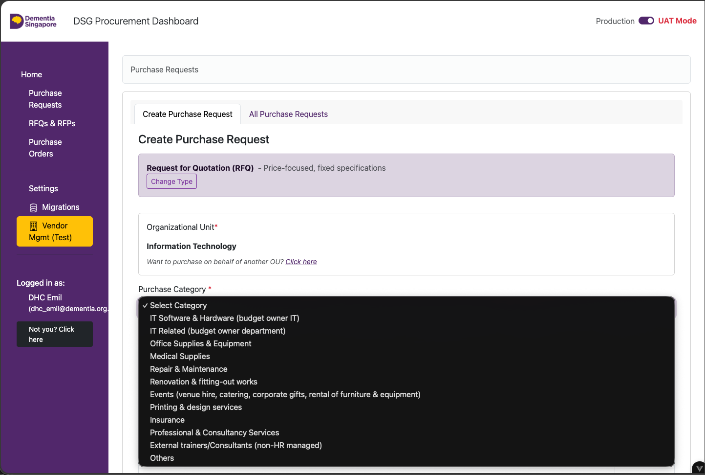 Purchase Request - select purchase category