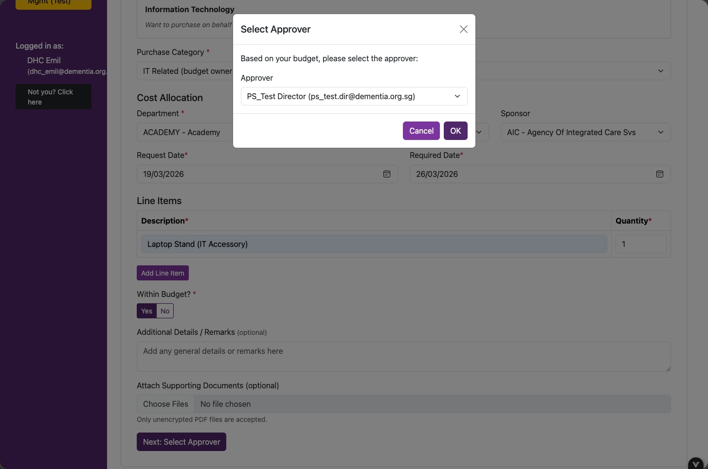 Select Approver - standard flow, choose your direct superior