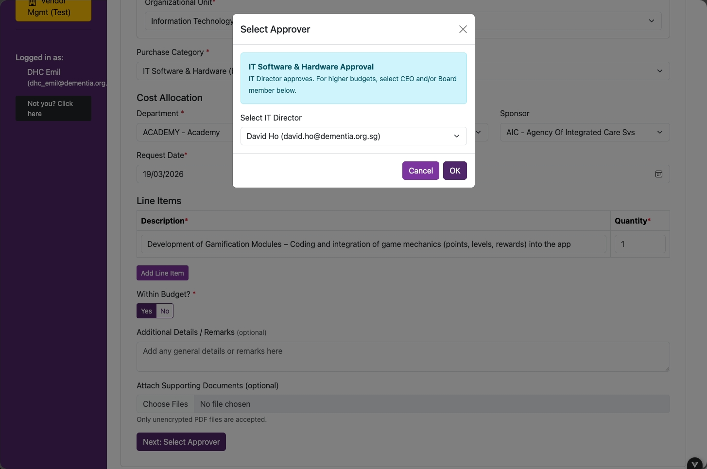 Select Approver - IT budget owner flow, IT Director selected