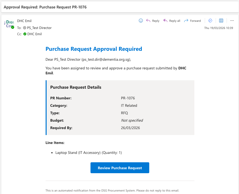 Approver email notification - new Purchase Request awaiting review