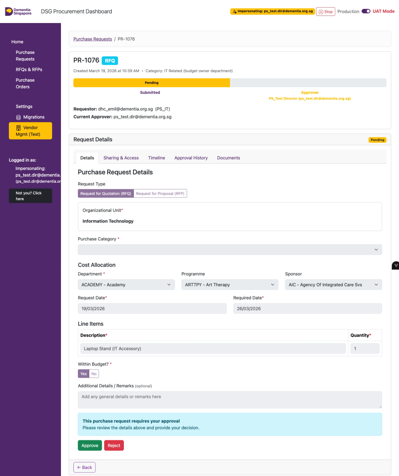Approver reviewing the Purchase Request - approve or reject