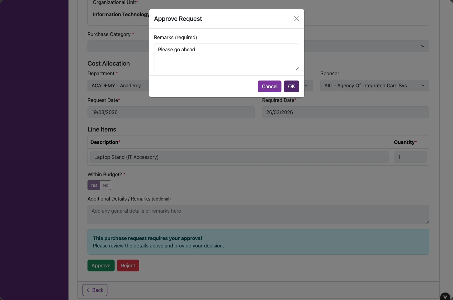 Non-IT Approver - fill in remarks before approving or declining