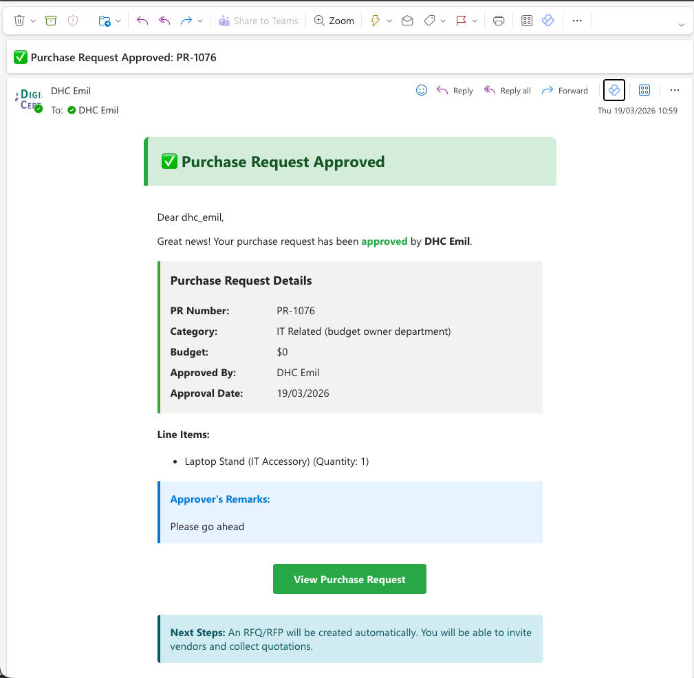 Approval complete - ready to invite vendors to the RFQ/RFP