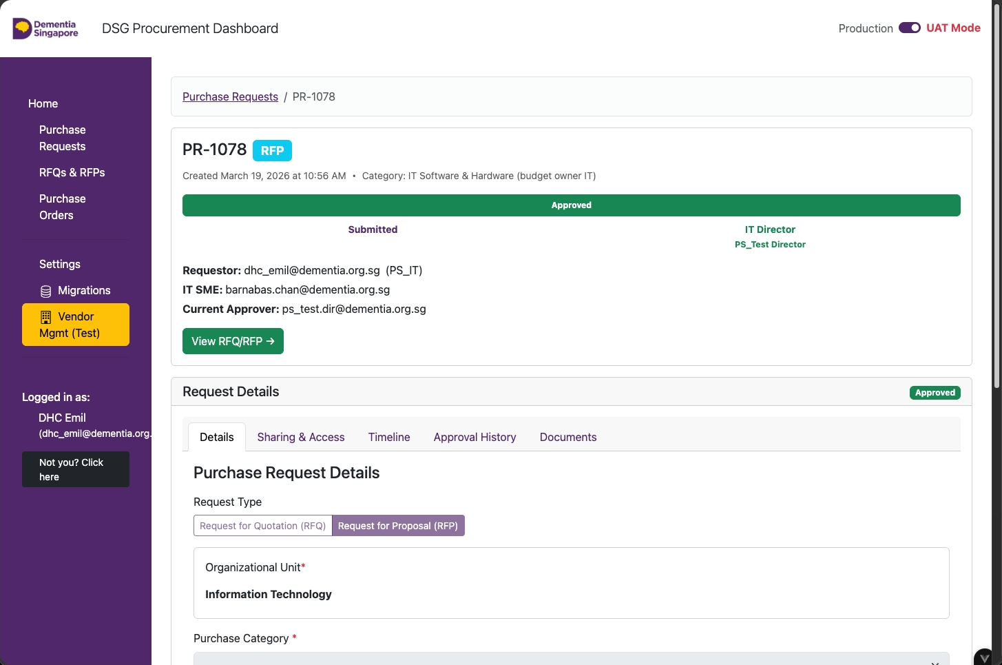 Purchase Request page with the View RFQ/RFP button visible