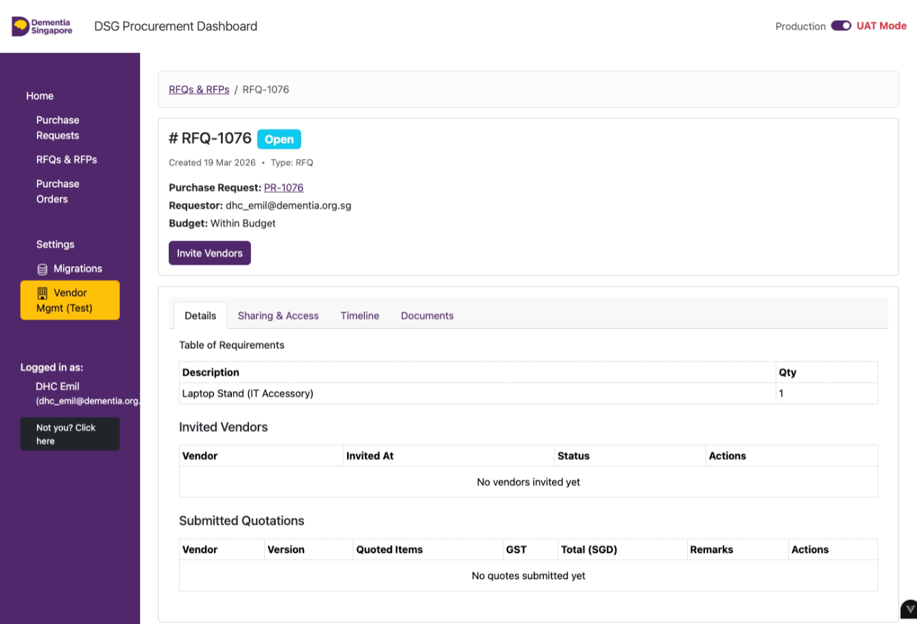 RFQ page with the Invite Vendors button visible