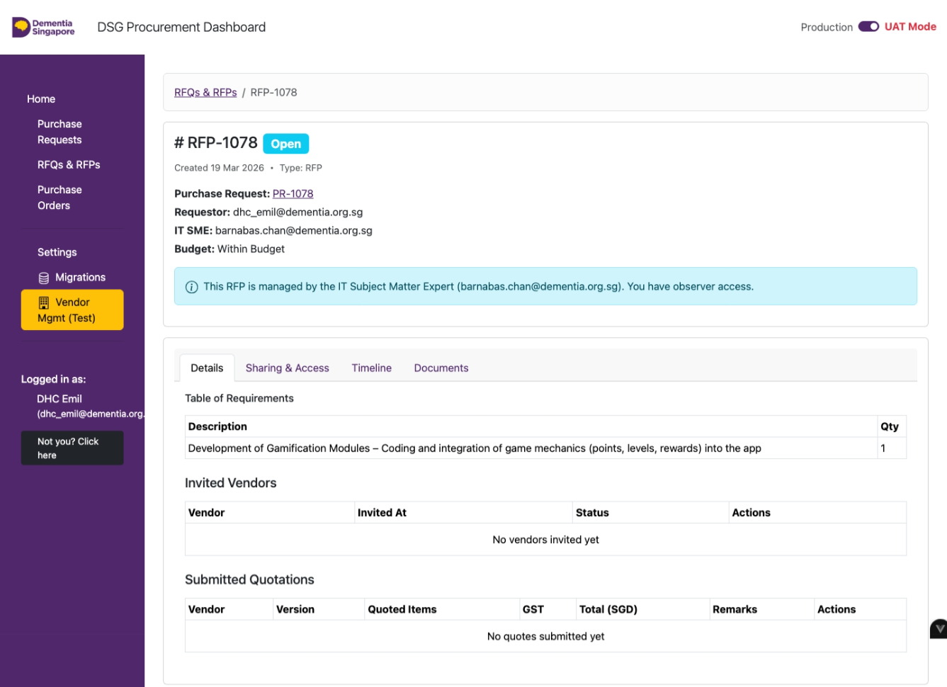 RFQ page as seen by the assigned IT SME