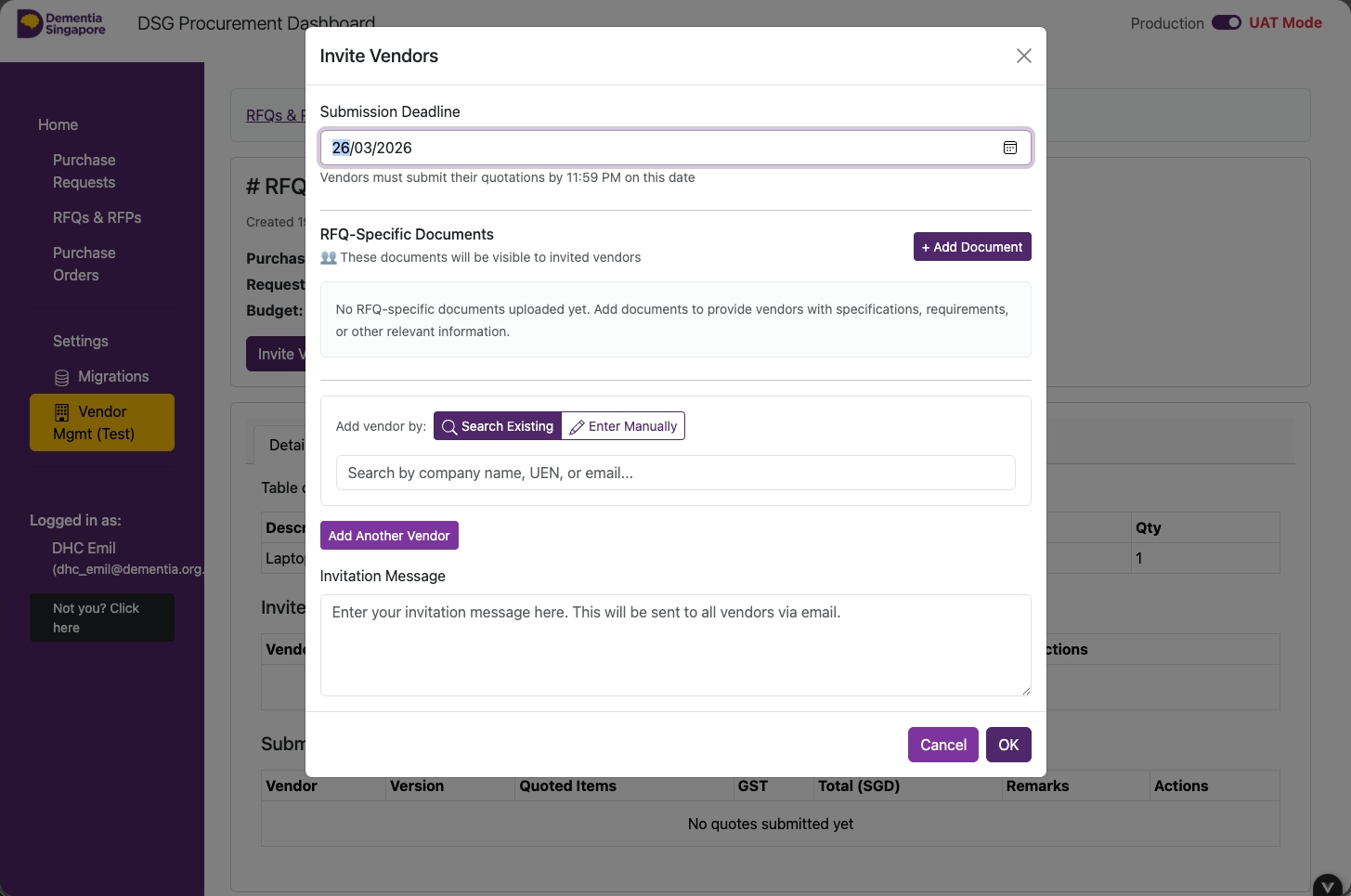 Invite Vendors form with deadline and supporting document fields