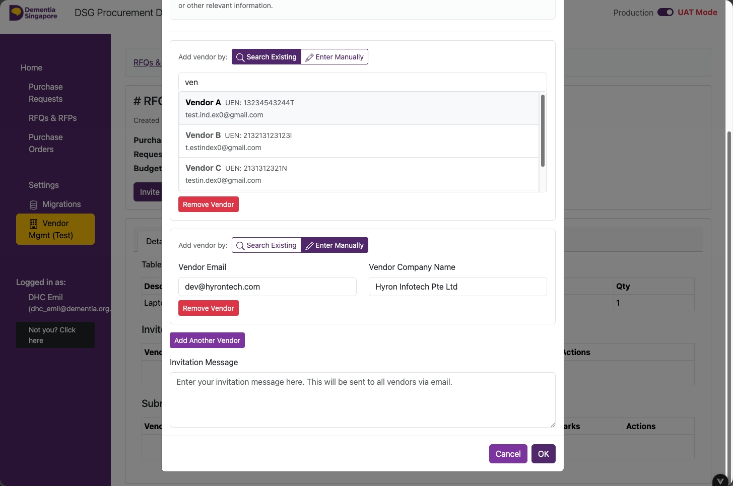 Invite Vendors form for searching existing vendors or entering a vendor manually