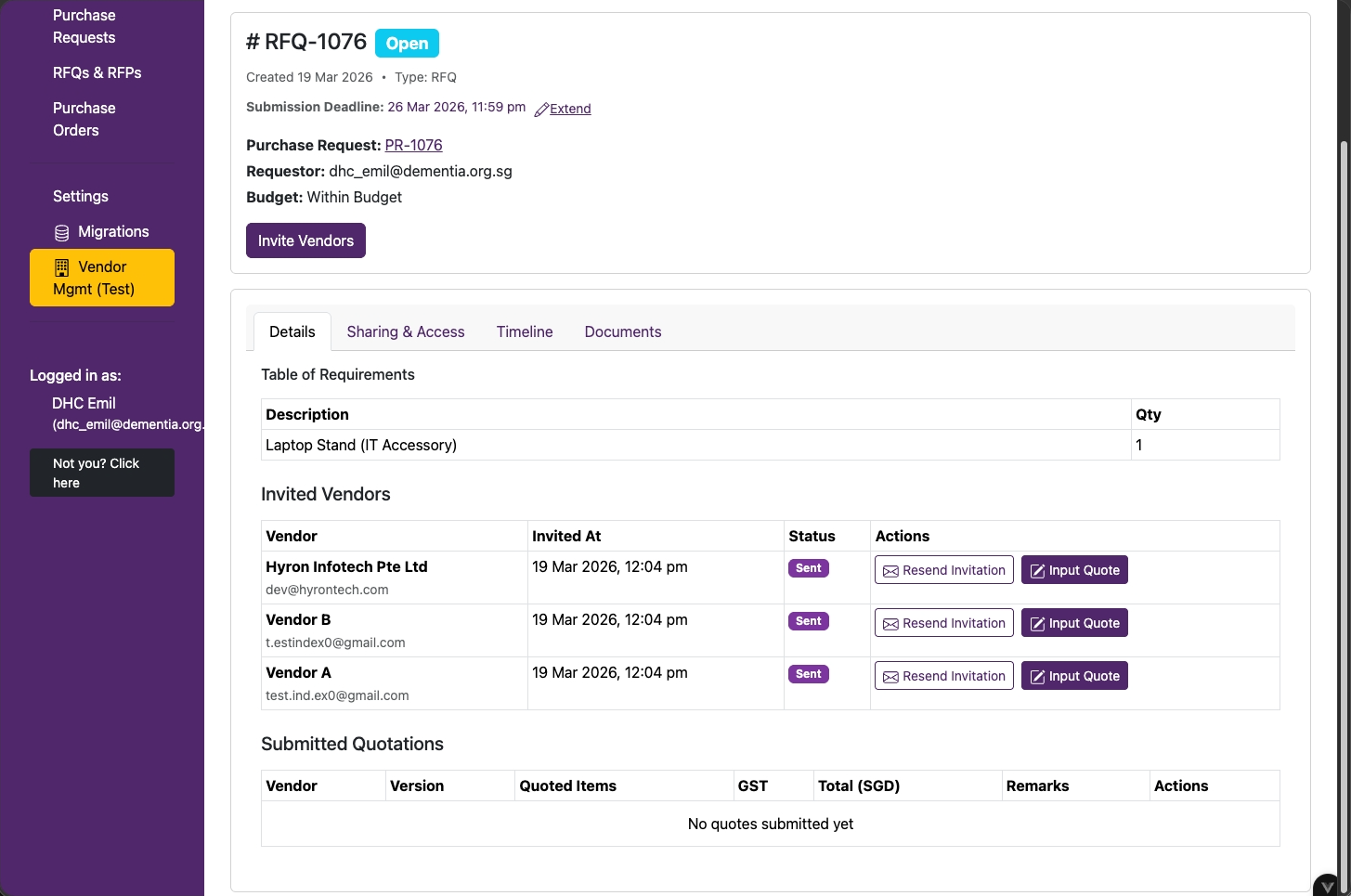 RFQ page showing invited vendors and their quotation status
