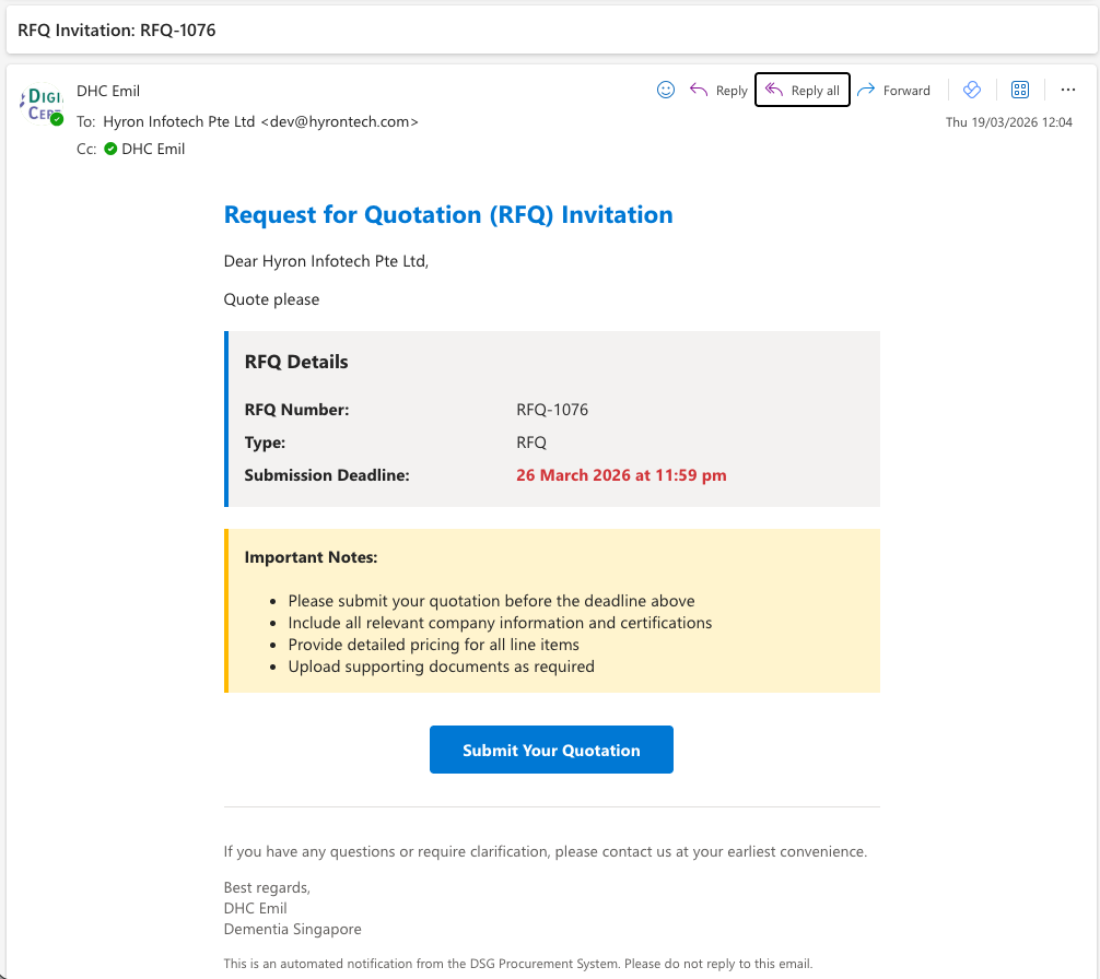 Email invitation to submit a vendor quote for DSG Procurement