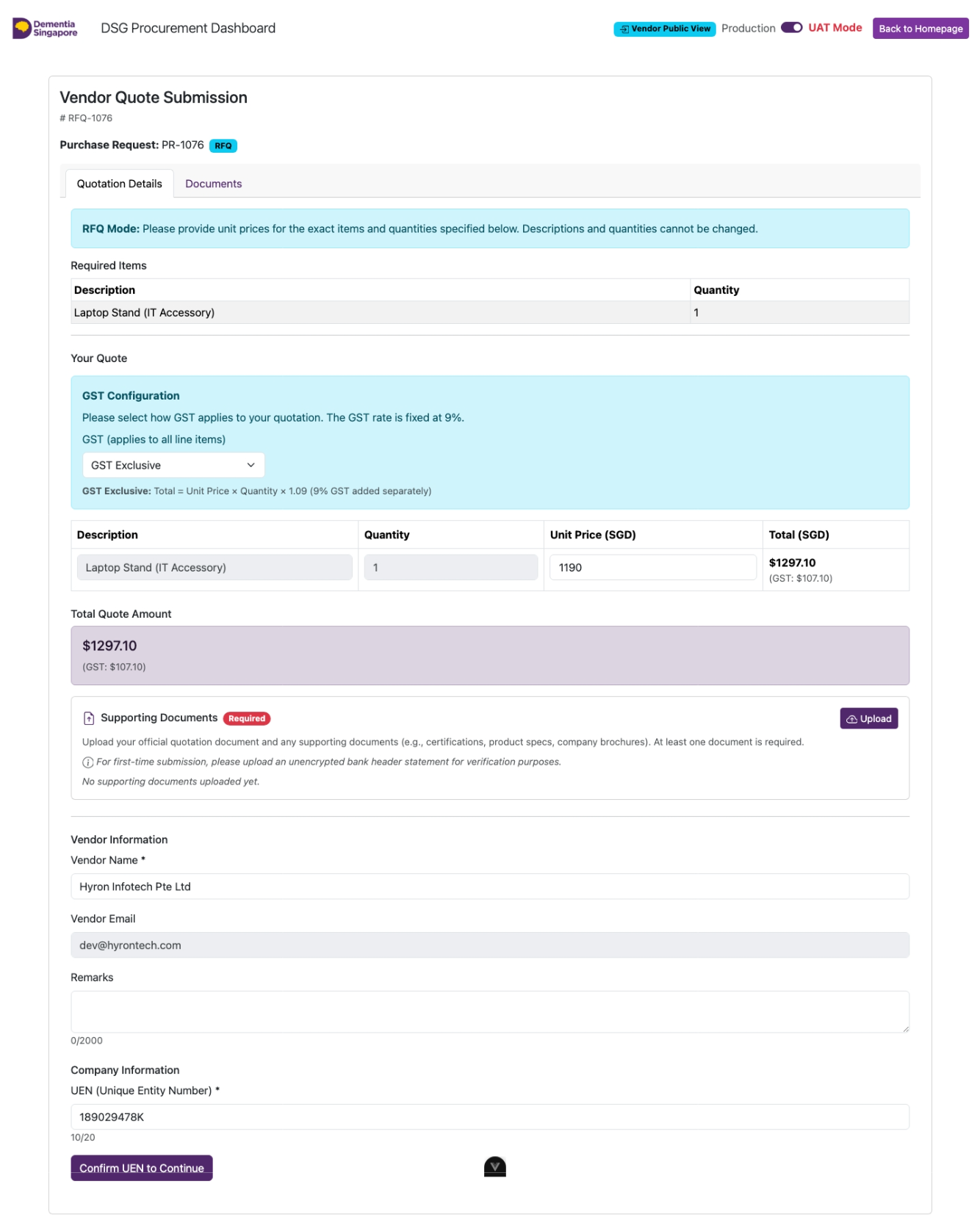 Vendor portal - enter UEN to pre-populate company details