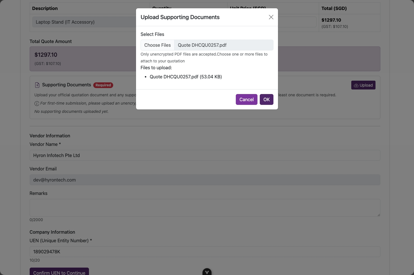 Upload official quote document and bank header statement for new vendors