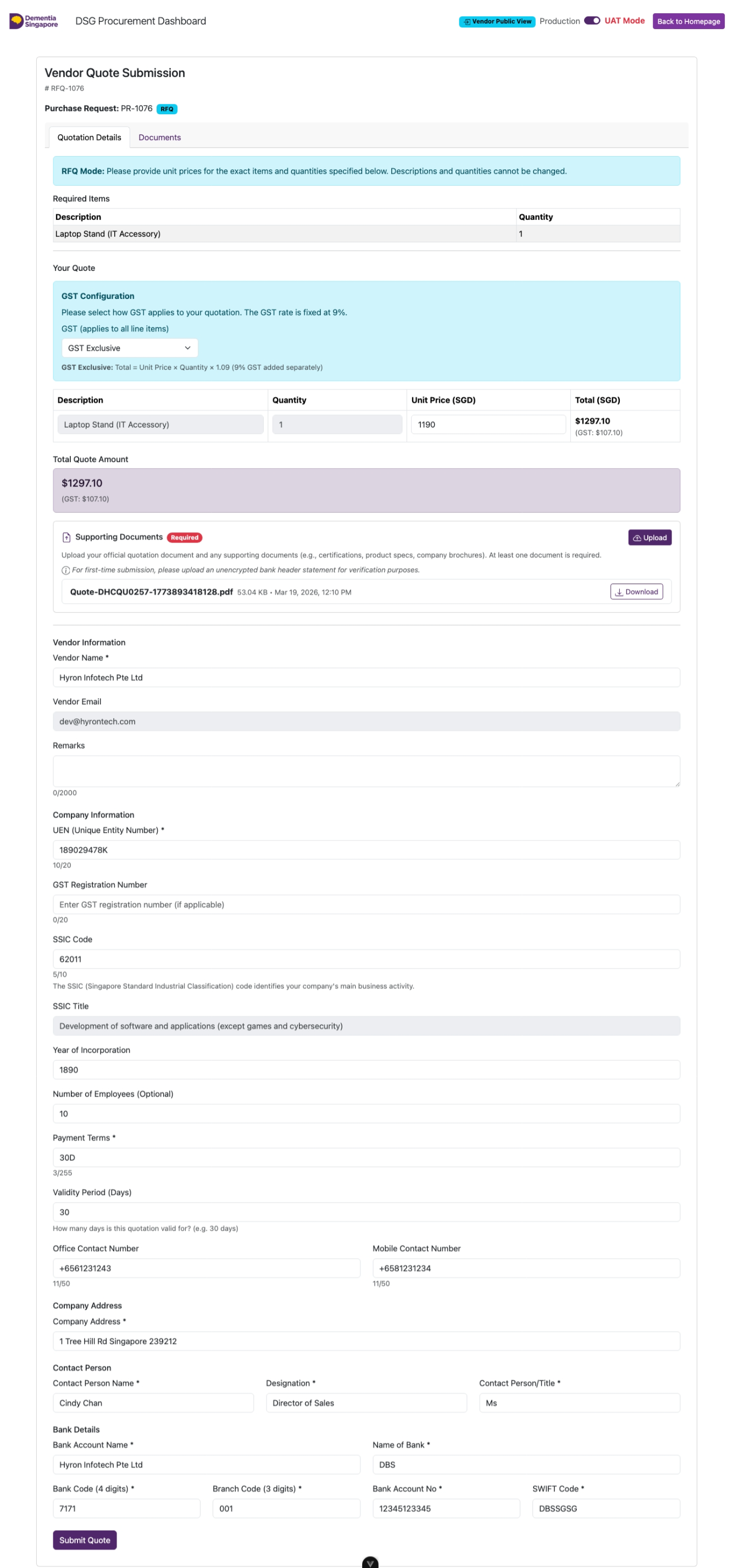 Vendor filling in quote form with pricing, company details, and bank information