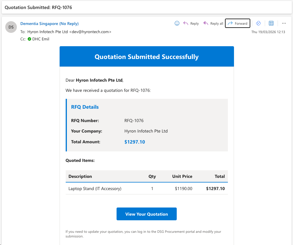 Confirmation email sent to both vendor and DSG requestor after quote submission
