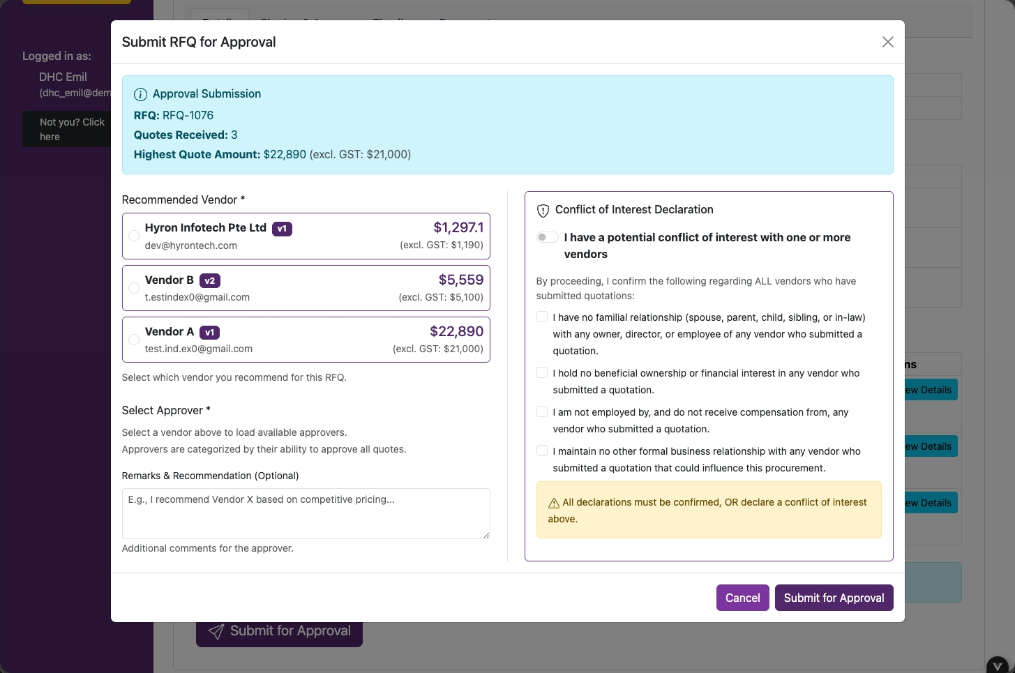 Vendor recommendation and conflict of interest declaration form