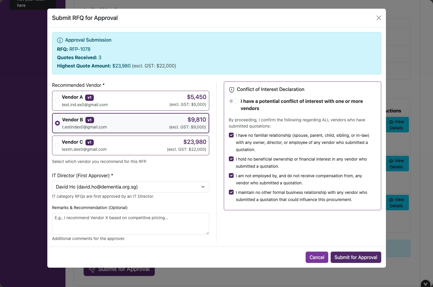 IT purchase routing showing the IT Director as the first approver