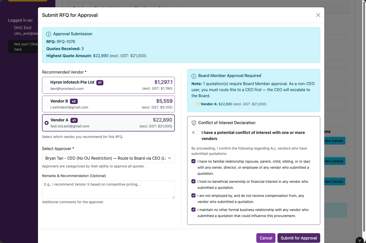 Approver selection based on the quotation amount and approval matrix