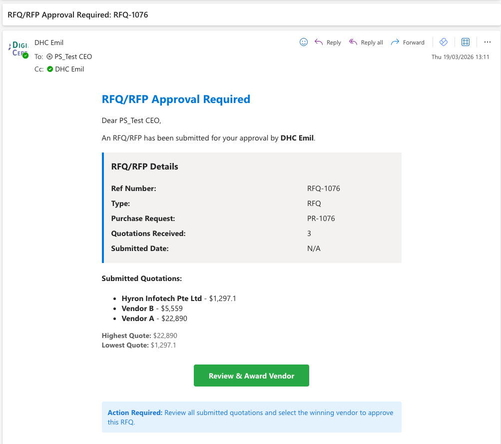 Approver email notification with the Review and Award Vendor action