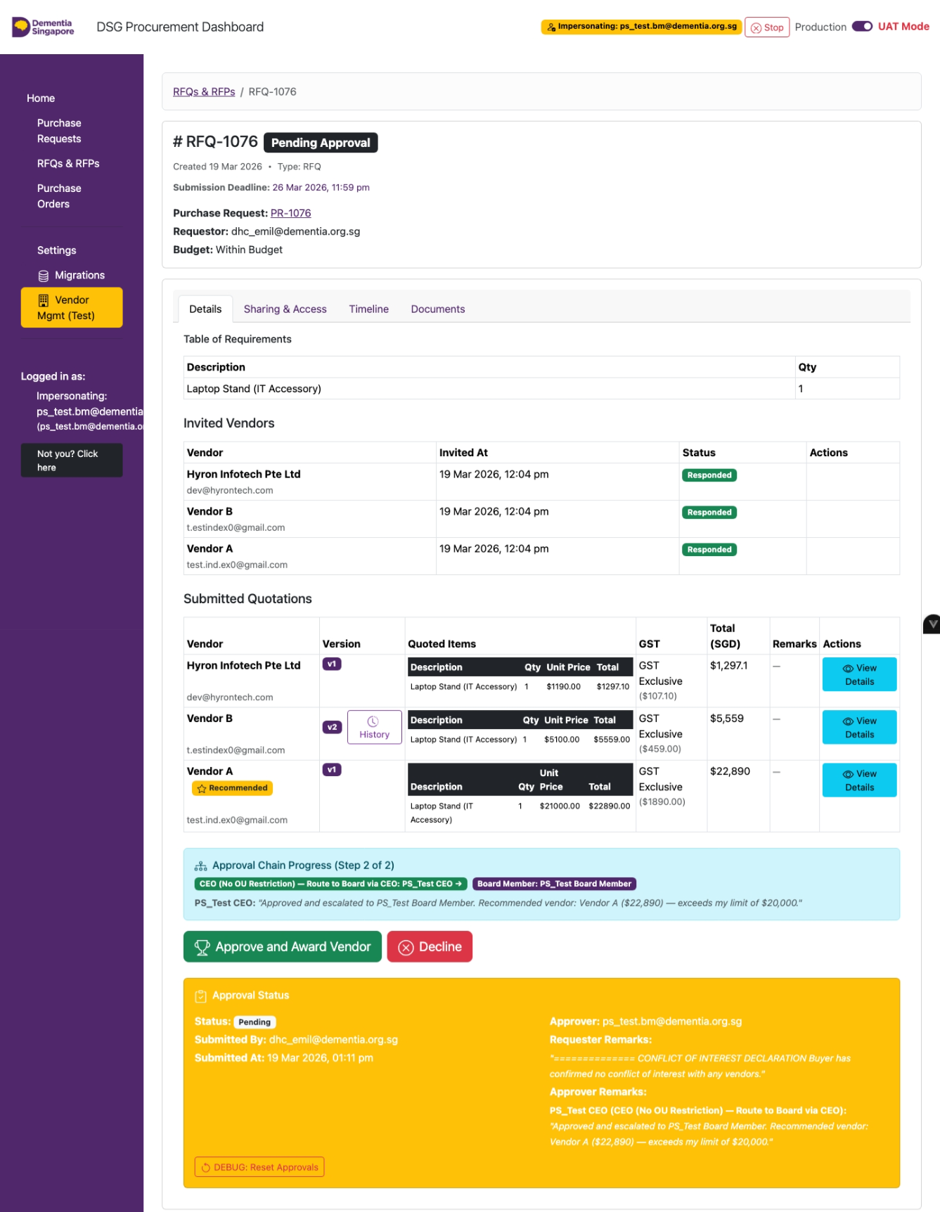 Approver review page with Approve and Award Vendor and Decline actions