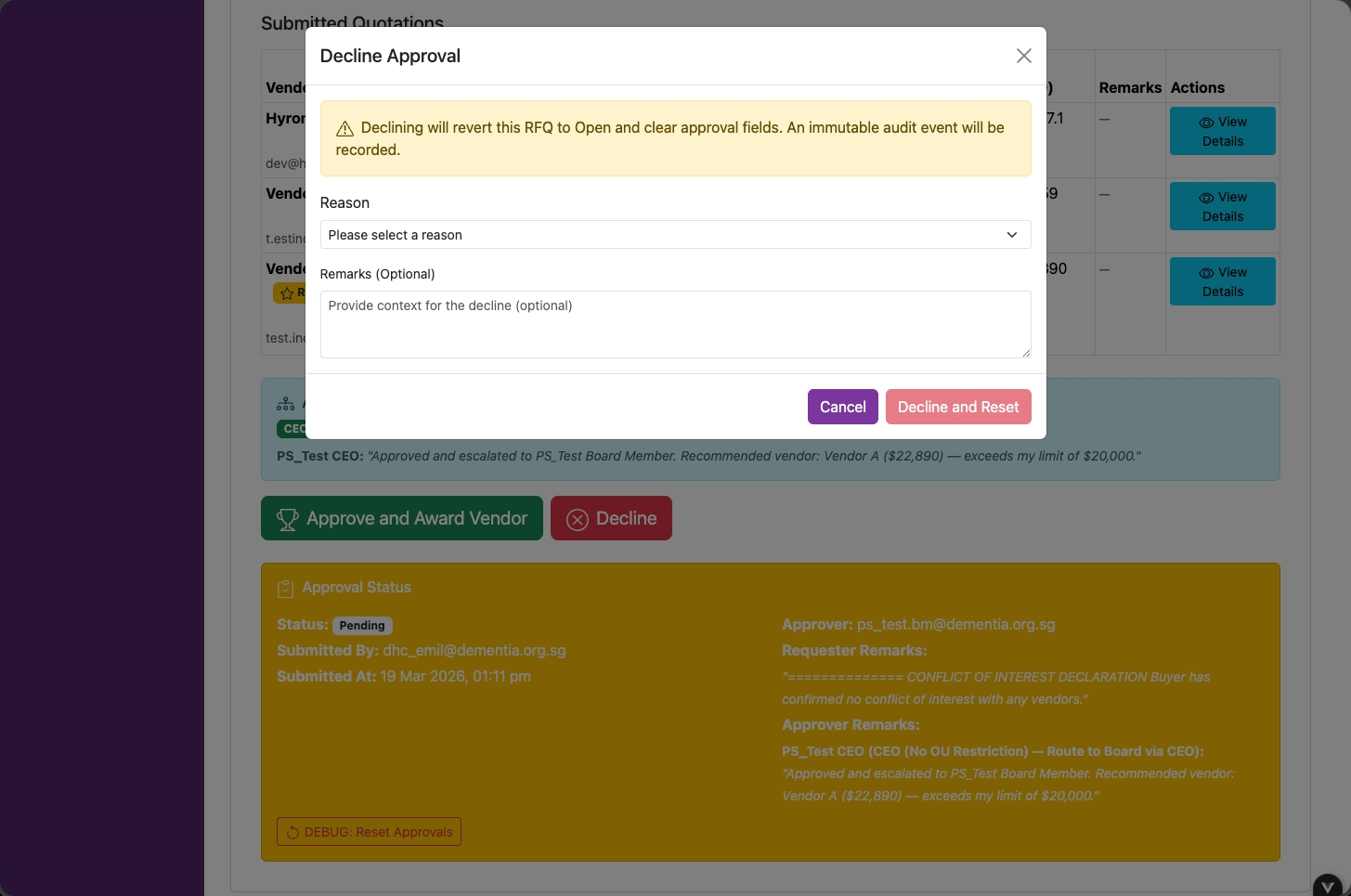 Approver rejection form with a reason selector and Decline and Reset button