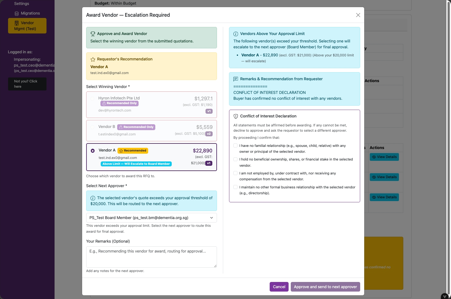 Multi-level approval page for routing to the next approver