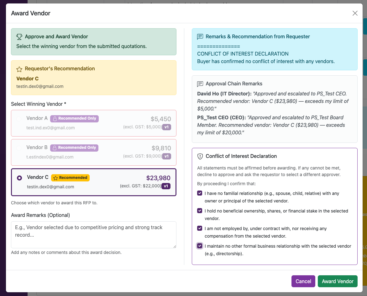 Final approval page for awarding the vendor and declaring conflicts of interest