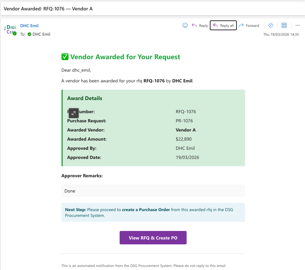 Requestor email notification with the View RFQ/RFP and Create PO action