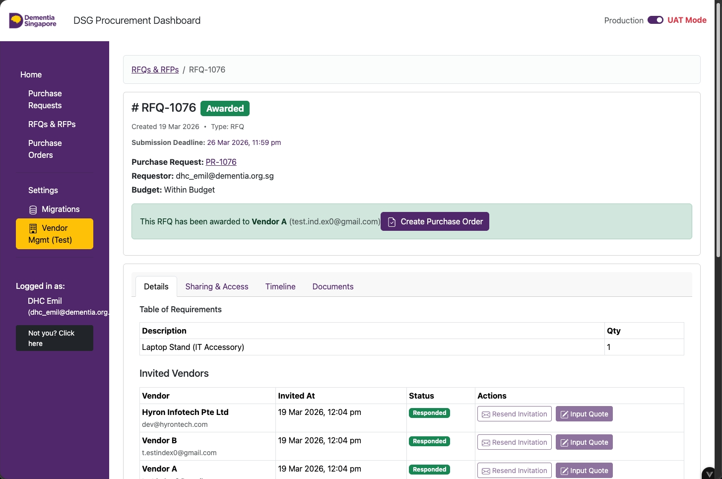 RFQ page after vendor award - click Create Purchase Order to proceed