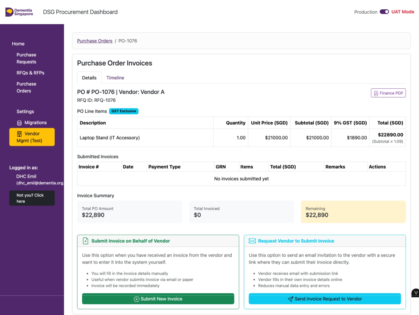 PO page showing Submit New Invoice and Send Invoice Request options