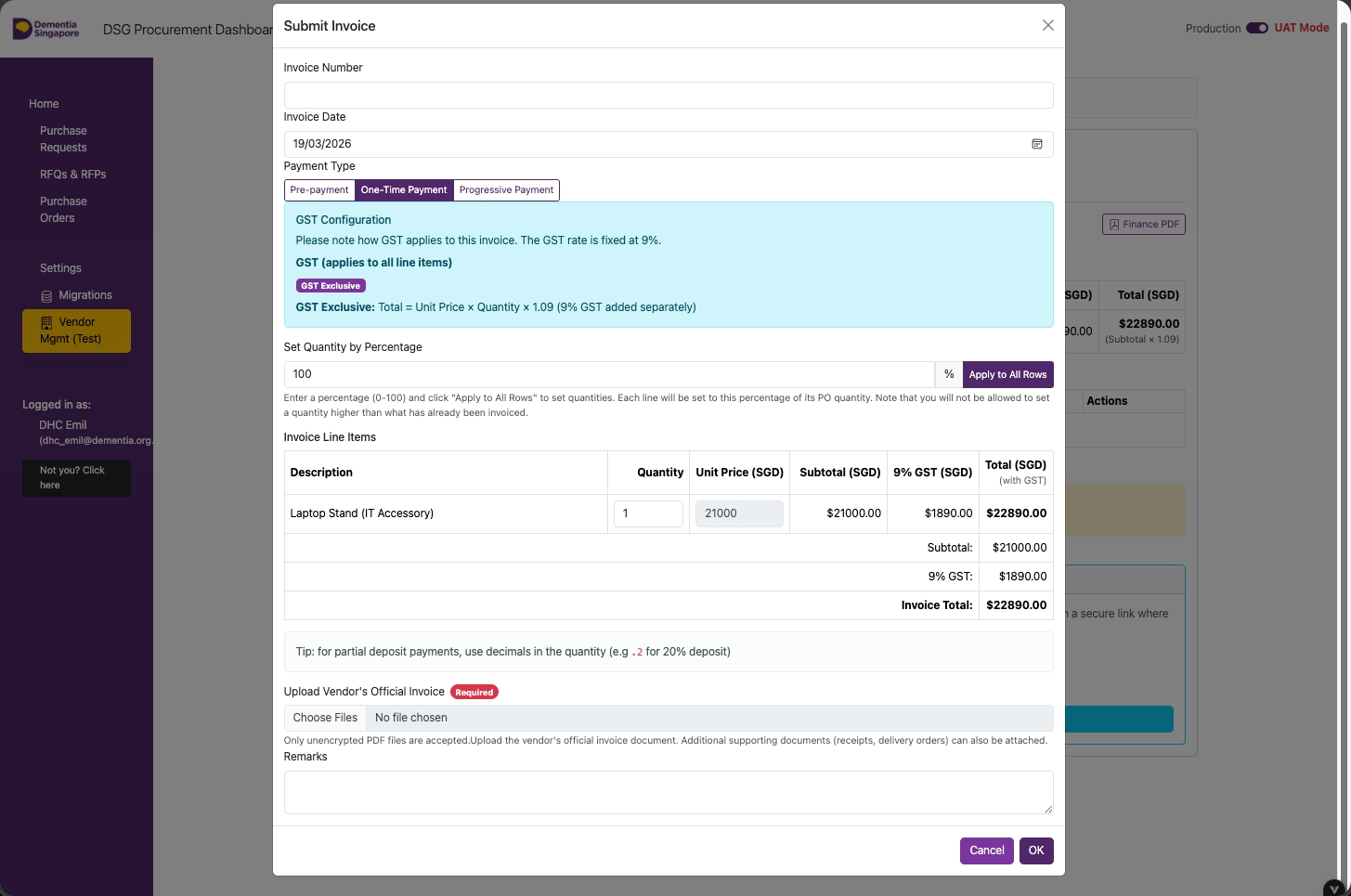 Invoice modal - fill in number, date, payment type, quantities, upload document