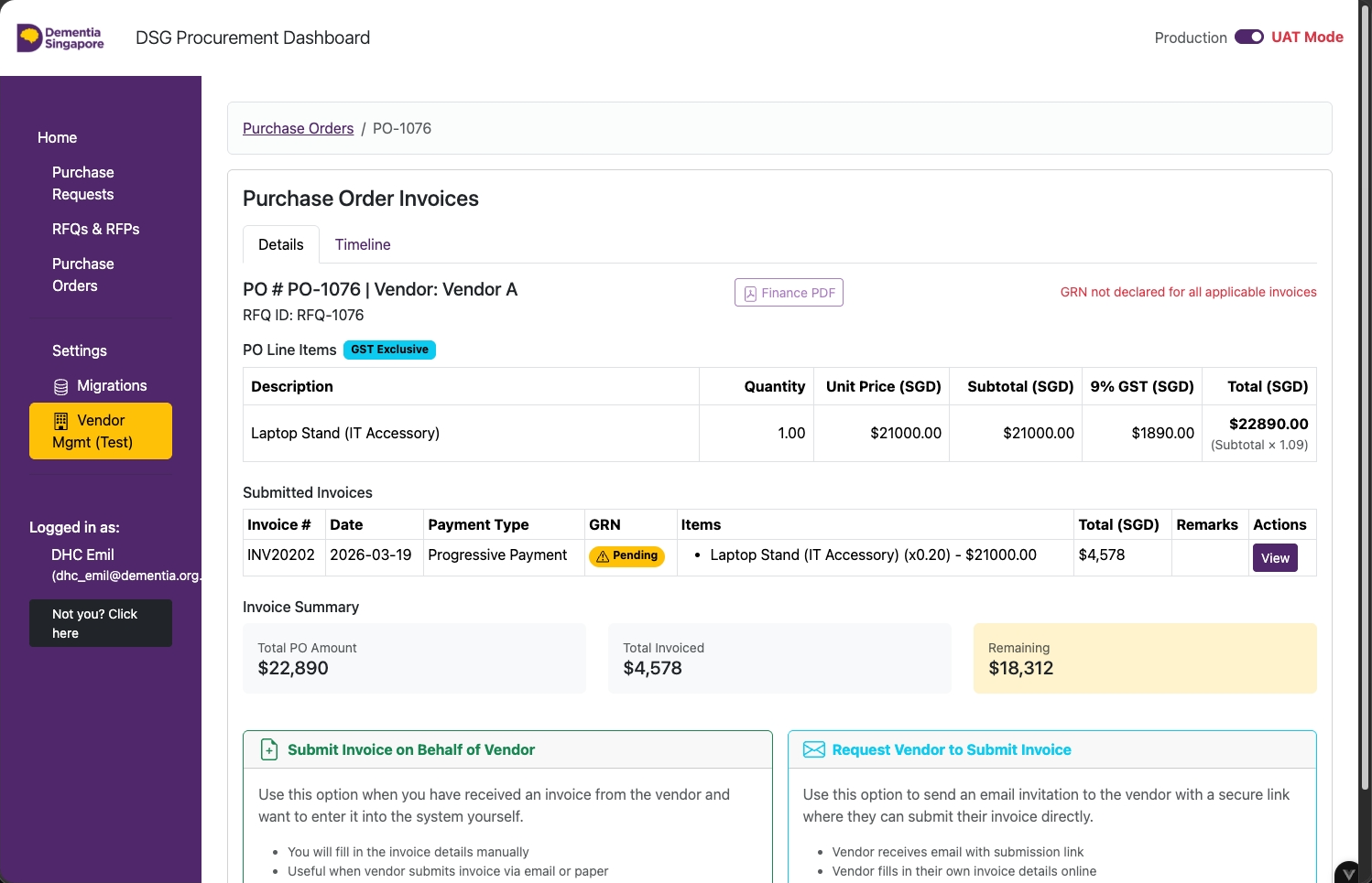 PO page showing submitted invoices - click View to open invoice and declare GRN
