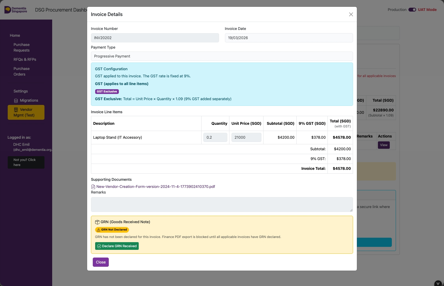 Invoice detail view - scroll to find the Declare GRN button