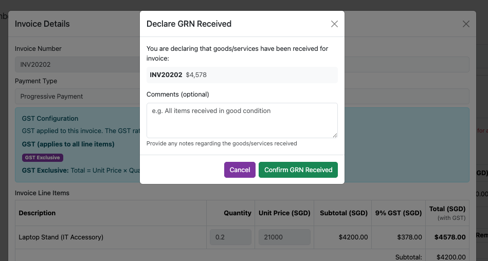 GRN declaration form - add remarks and submit