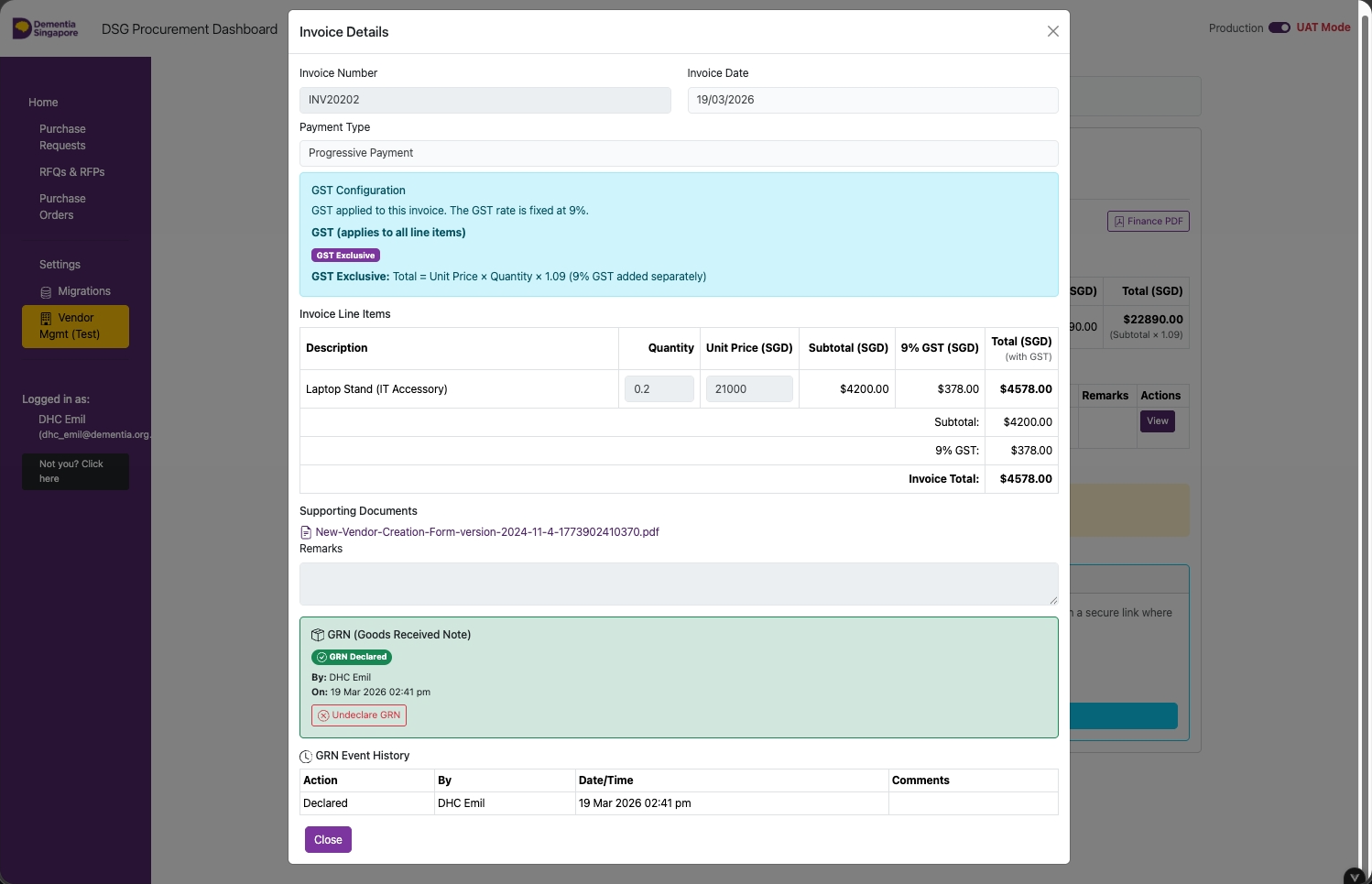 GRN history shown on invoice - all declarations with remarks and timestamps