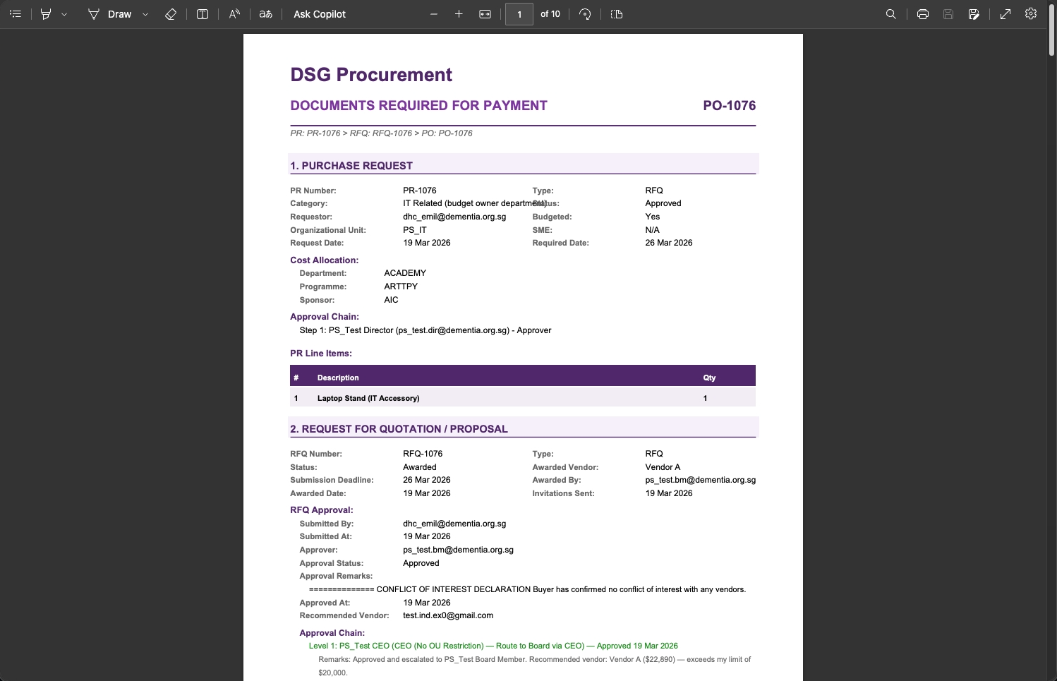Finance PDF showing all payment details for Finance team processing