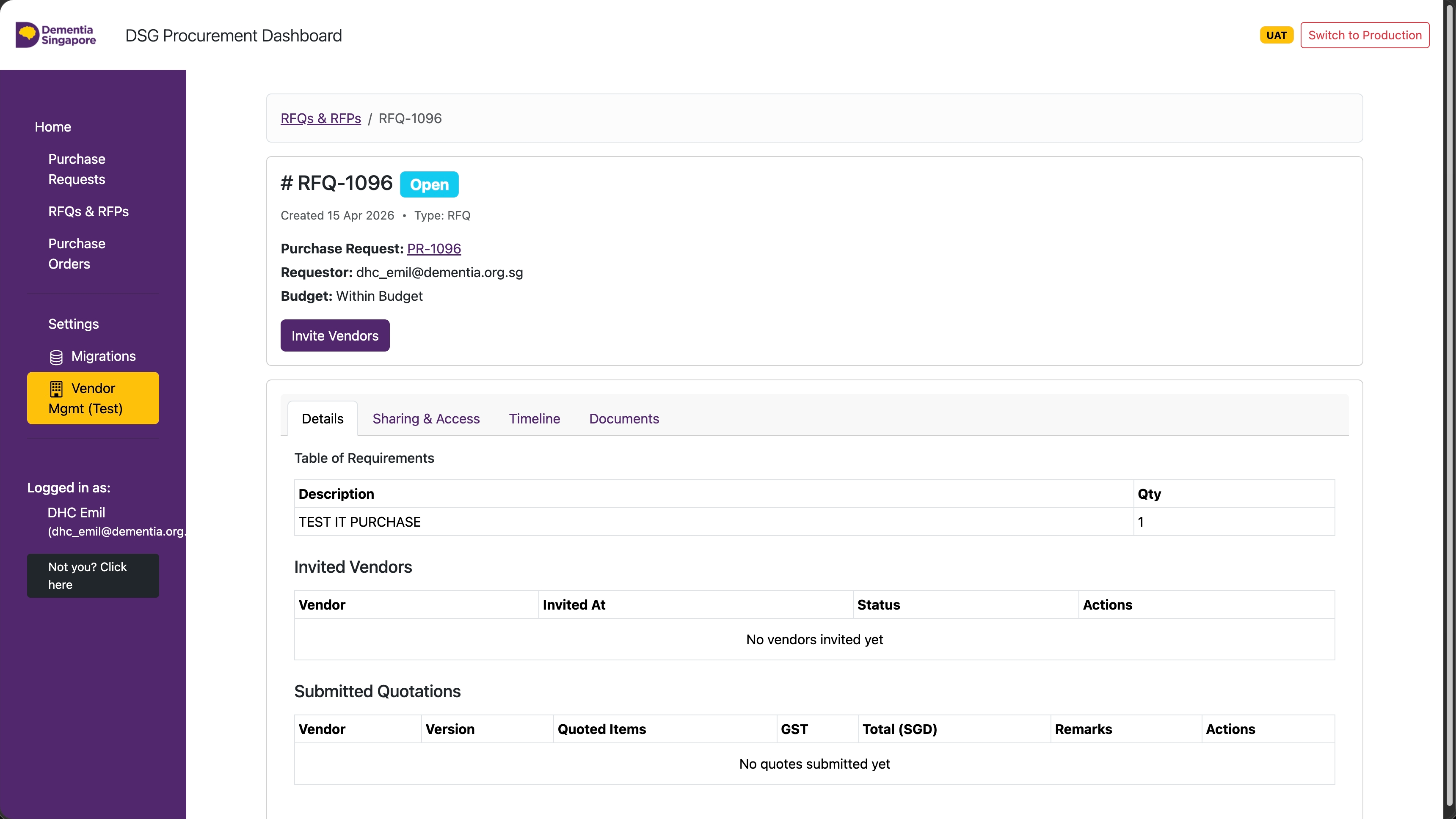Purchase request view with the Sharing and Access control for an IT-related purchase